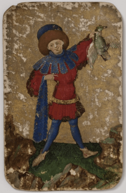 O superior (Ober) do naipe de patos do baralho de caça de Stuttgart, 1429; atualmente no Museu Estadual de Württemberg, Stuttgart (Alemanha). Licença Creative Commons Attribution 4.0 International (CC BY 4.0). © Landesmuseum Württemberg, Stuttgart.