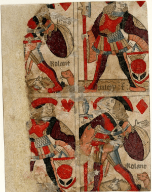 Uma folha não recortada de cartas francesas, impressa em Rouen por Valery Faucil, por volta de 1516; atualmente no Museu Britânico. Licença Creative Commons Attribution-NonCommercial-ShareAlike 4.0 International (CC BY-NC-SA 4.0). © The Trustees of the British Museum.