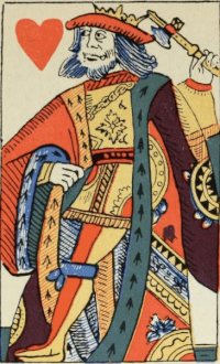 Rei de copas de um baralho de naipes franceses, produzido em Rouen por volta de 1567. Benham 1931: 28, fig. 59.