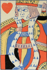 Rei de copas de um baralho de naipes franceses, produzido na Inglaterra por volta de 1750. Benham 1931: 28, fig. 60.