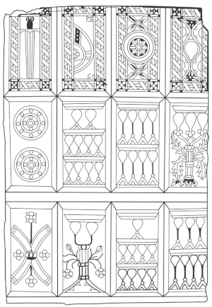 As cartas europeias mais antigas da Catalunha, do início do século XV. Uma folha não recortada e sem cor de design árabe; atualmente no Instituto Municipal de História em Barcelona. Redesenho de Karolina Juszczyk a partir da ilustração em “Moorish playing cards” de Simon Wintle.