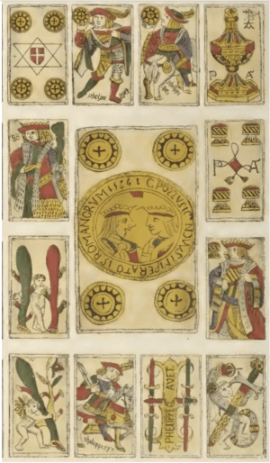 Folha não recortada de cartas de naipes espanhóis, 1574. Publicado originalmente no Museu Espanhol de Antiguidades, volume 3, 1874. Wikimedia Commons, domínio público.