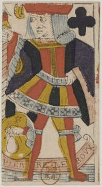 O precursor mais antigo do curinga: valete de paus, cerca de 1656–1664. Autor: Pierre Leroux. Atualmente na Biblioteca Nacional da França. Wikimedia Commons, domínio público.