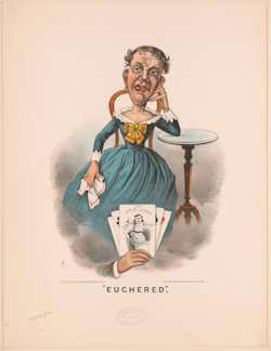 Uma caricatura intitulada “Euchered”, 1884. A carta em primeiro plano retrata um bebê em um jack-in-the-box com a legenda “The Little Joker” (“O pequeno curinga”). Autor: F.C., Popular Graphic Arts. Atualmente na Biblioteca do Congresso. Wikimedia Commons, domínio público.
