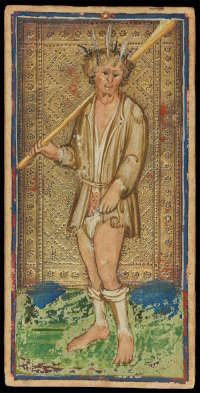A carta do Louco mais antiga que chegou até nós: o baralho Visconti-Sforza, 1466 (ver Dummett 1980: 68–69). Autor: Bonifacio Bembo, Antonio Cicognara. Wikimedia Commons, domínio público.