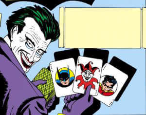 O quadro de abertura da primeira história do Coringa, desenhado por Bob Kane e apresentando a carta curinga criada por Jerry Robinson. Texto da legenda removido. Batman nº 1, 1940. © DC Comics.